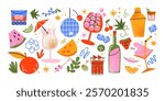 Cartoon cocktails in glass jars and glasses, a set of alcoholic drinks. Retro cans of refreshing drinks with ice for party. cocktail ingredients. trending doodle stickers	