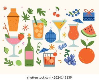 Cartoon cocktails in glass jars and glasses, a set of alcoholic drinks. Retro cans of refreshing drinks with ice for party. cocktail ingredients. trending doodle stickers