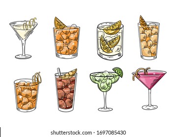 Cartoon cocktails set. Flat colorful vector illustration. Isolated on white background.