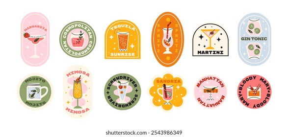 Pegatinas de cócteles de dibujos animados. Conjunto de bebidas alcohólicas. Latas retro de bebidas refrescantes con hielo para la fiesta. cóctel de moda doodle pegatinas, parches, etiquetas en estilo retro groovy y2k