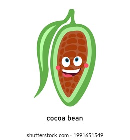 Cartoon cocoa bean. Cute cocoa character. Healthy and nutritious food. Vector image.