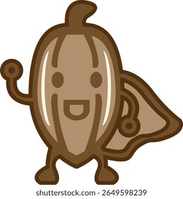 Cartoon cocoa bean with superhero cape, happy expression and stylized limbs.