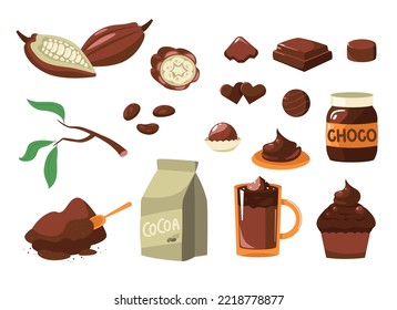 Cartoon cocoa. Brown beans for cacao milk dark chocolate drink candy, sweet product for dessert beverage cosmetics. Vector isolated set. Cup with hot choco drink, package with powder