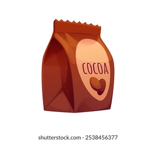 Cartoon cocoa powder package. Isolated vector brown sealed bag features a label with cocoa beans. Food packaging box for advertisements, chocolate product retail or baking and cooking themes