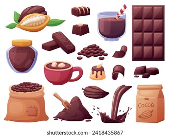 Cartoon cocoa products. Beans and powder, chocolate bar and liquid hot drink in mug. Sweets and candies, plant and sweet bar. Nowaday dessert vector set