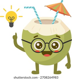 Cartoon Coconut Character with Idea Lightbulb