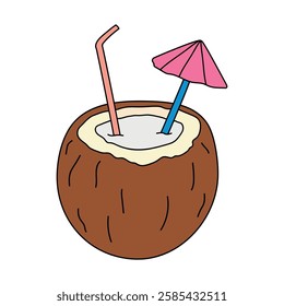 Cartoon coconut drink clip art vector isolated on white background. Doodle coconut drink summer coloring pages for kids. Summer worksheets for kids activity printable. 