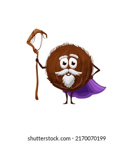 Cartoon coconut magician, funny coco wizard or sorcerer vector character with magician staff and magic cape, grey beard and mustache. Funny nut of coconut palm, cute fruit mage or warlock personage