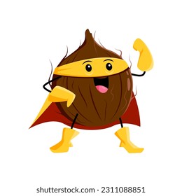 Cartoon coconut nut superhero character posing in costume. Tropical fruit or nut superhero funny mascot, isolated coconut hero or cute defender, healthy food warrior comical vector personage