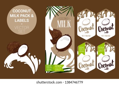 cartoon coconut on milk splash. coconut milk pack with palm leaves, organic labels tags. Colorful tropical stickers. exotic fruit badges with splashes. Fruit vector package set for web, print.