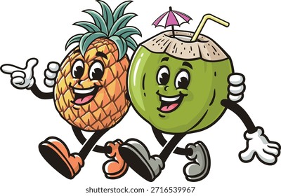 Caricatura de coco y piña caminando juntos