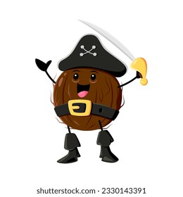 Cartoon coconut pirate with saber. Isolated vector fierce coco nut corsair or captain with sharp saber, ready to embark on high-sea adventures. Tropical plant Caribbean buccaneer personage