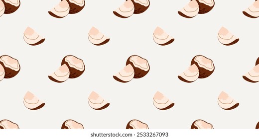 Cartoon coconut seamless pattern. Nuts in shell and peeled piece. Healthy tropical food. Diet snack. Decor textile, wrapping paper, wallpaper design. Print for fabric vector isolated illustration