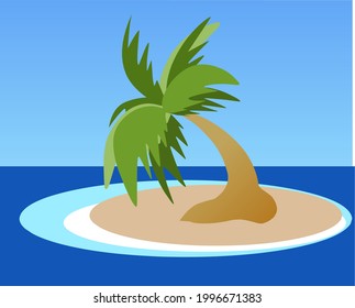 Cartoon coconut tree in the middle of the island in summer