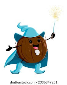 Cartoon coconut wizard character, vector unpeeled nut magician with magic wand. Funny wiz with beard making spell. Smiling sorcerer in blue cape. Healthy product fascinator personage, vitamin conjurer