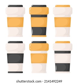 Cartoon cofee disposable cup set isolated on white background. Flat drink paper cup vector illustration. Realistic template.