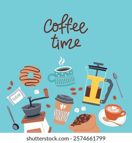 Cartoon coffee accessories card. Hot invigorating drink, preparation elements, cups, french press and donut, vector framed illustration