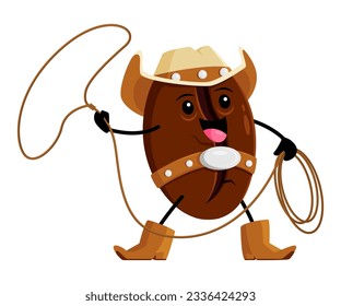 Cartoon coffee bean cowboy character with lasso. Vector horseman arabica seed wear hat, belt and boots spinning rope, ready for rodeo. Brave ranger roasted brown grain isolated fantasy personage