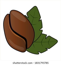 
Cartoon coffee bean with green leaves.
Vector isolated on white background.