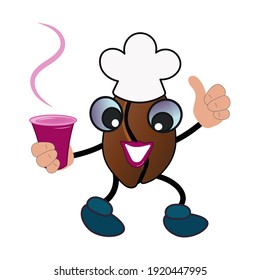 Cartoon coffee bean with a human face drinks coffee from a paper cup. Funny character chef shows thumbs up. Cartoon vector illustration isolated on white background.