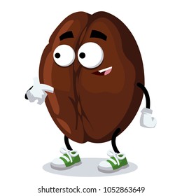 cartoon coffee bean mascot showing himself on a white background