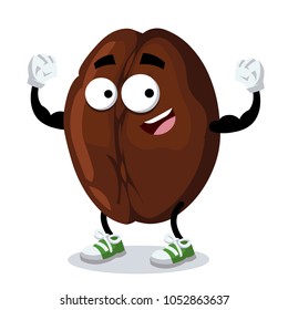 cartoon coffee bean mascot shows its strength on a white background