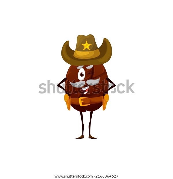 Cartoon coffee bean ranger or sheriff character.
Funny vector cowboy seed wear hat with star badge, belt and guns.
Wild west police officer hero, western grain personage with grey
mustaches wink eye