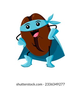 Cartoon coffee bean superhero character, vector food and drink emoji. Cute seed or grain of coffee fruit personage in super hero costume, blue cape, mask and gloves. Caffeine beverage kawaii character