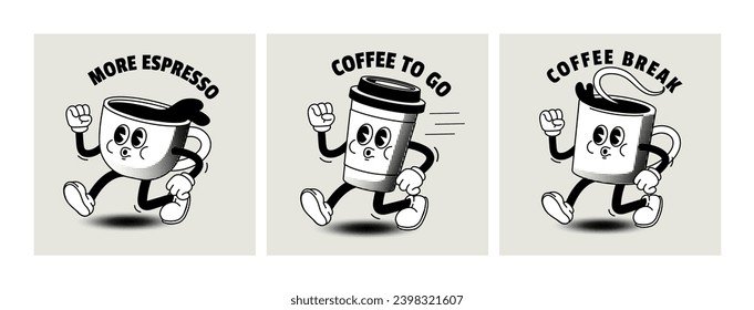 Cartoon coffee character. Comic vintage style coffee to go poster. Retro concept with breakfast drinks in cup for cafe. Walking mascot cappuccino take away. Vector illustration. Menu with beverage