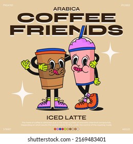 Cartoon coffee characters in retro style, funny colorful characters in doodle style drinks ice latte, espresso.Vector illustration with typography elements