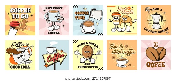 Personajes de taza de café y frijol de dibujos animados con citas juguetonas sobre fondos coloridos. Ilustración vectorial