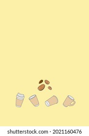 Cartoon coffee cup and coffee beans  on pastel yellow background.