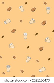 Cartoon coffee cup and coffee beans pattern on pastel orange background.