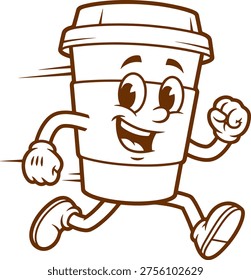 cartoon coffee cup character running fast with happy face