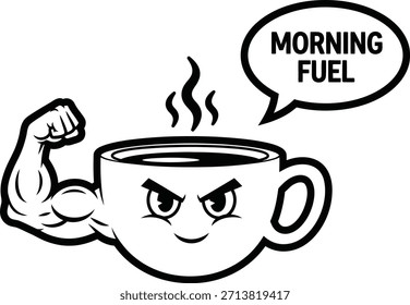 Cartoon coffee cup character vector illustration with Morning Fuel text for cafe and breakfast menu designs on a transparent background.