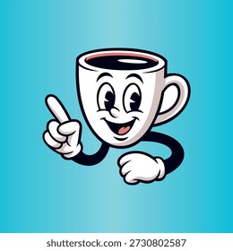 Cartoon Coffee Cup vetor personagem, Sorrindo caneca mascote ilustração