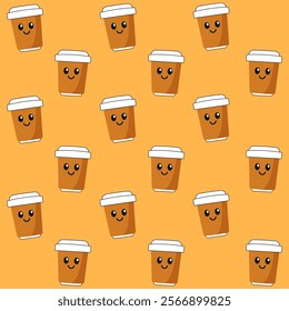 Cartoon coffee cup characters with smiling face seamless pattern. Vector flat illustration