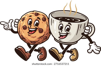 Taza de café de dibujos animados y galleta caminando juntos