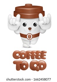 Cartoon coffee cup cute character. Take away coffee 3d card. Vector illustration