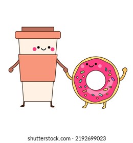 Cartoon Coffee Cup And Donut Holding Hands. Cute Funny Food Friends Characters. Vector Illustration Of Kawaii Friendly Meal