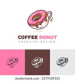 Cartoon Coffee Cup And Donut Logo. Shop bakery store template design doughnut icon or label with pink sweet cream.