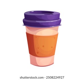 Taza de café de dibujos animados, bebida de comida rápida en una taza para llevar con tapa púrpura y manga marrón. Vector aislado deliciosa bebida de café caliente para beber sobre la marcha, exuda calidez, energía y confort