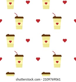 Cartoon coffee cup with heart seamless pattern. Idea for St. Valentines Day