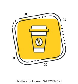 Cartoon coffee cup icon vector illustration. Take-away cup on isolated yellow square background. Drink sign concept.