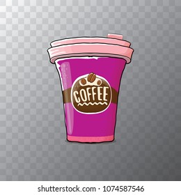 Cartoon coffee cup isolated on transparent background . vector coffee paper color cup with hot coffee and color label. morning coffee or cappuccino