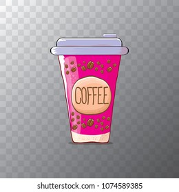 Cartoon coffee cup isolated on transparent background . vector coffee paper color cup with hot coffee and color label. morning coffee or cappuccino
