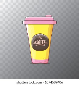 Cartoon coffee cup isolated on transparent background . vector coffee paper color cup with hot coffee and color label. morning coffee or cappuccino
