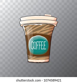 Cartoon coffee cup isolated on transparent background . vector coffee paper color cup with hot coffee and color label. morning coffee or cappuccino