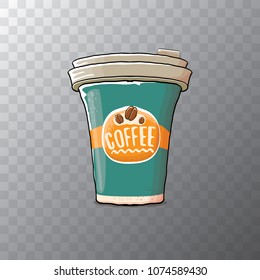 Cartoon coffee cup isolated on transparent background . vector coffee paper color cup with hot coffee and color label. morning coffee or cappuccino