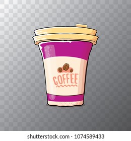 Cartoon coffee cup isolated on transparent background . vector coffee paper color cup with hot coffee and color label. morning coffee or cappuccino